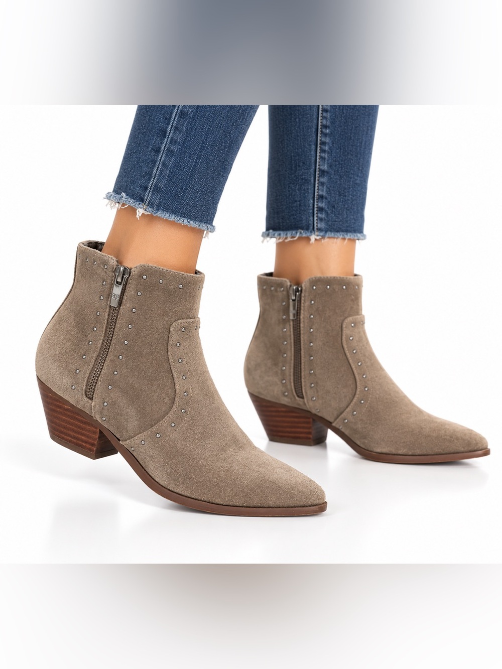 Marc Fisher Wanida Taupe Suede Studded Ankle Booties Size 7 Pointed Toe Western
